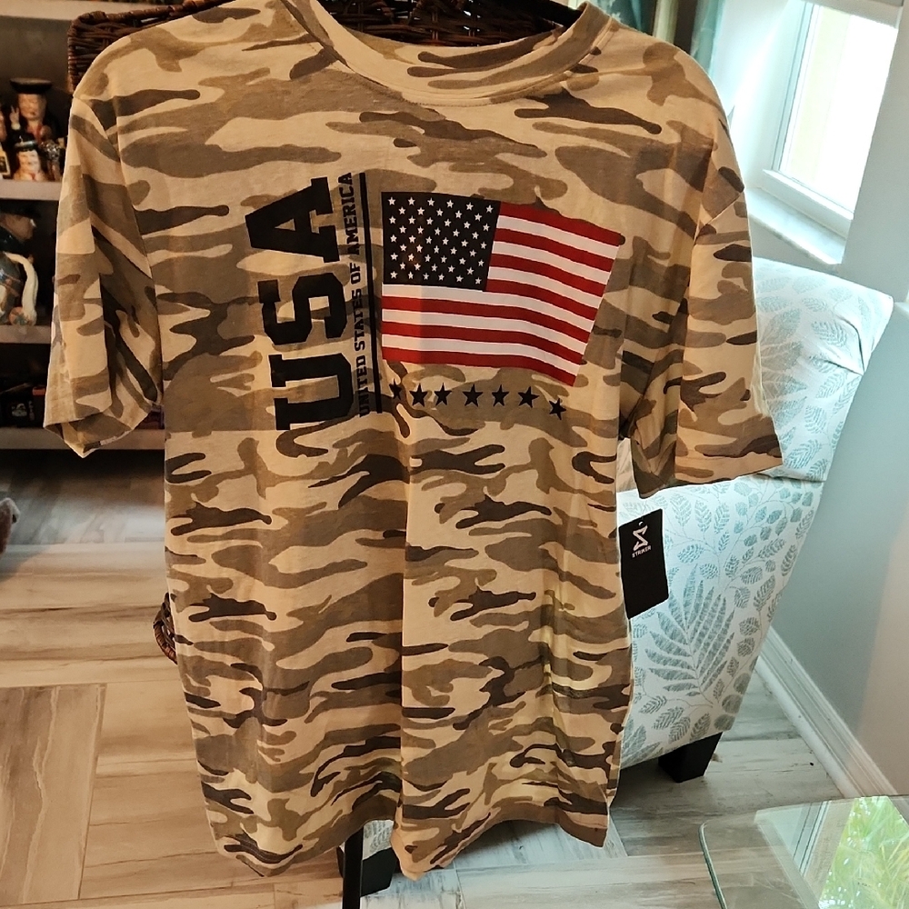 Sundek Beige Camo Short-Sleeve Tee with USA Flag Graphic